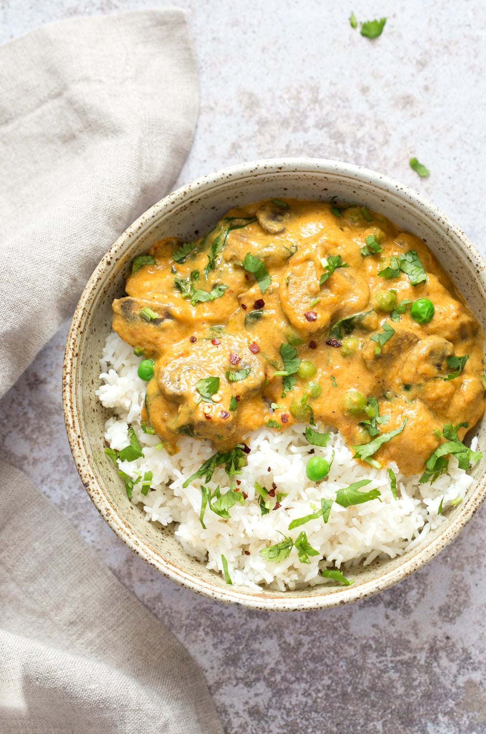 Instant Pot Mushroom Masala. Easy Mushrooms and peas in Creamy Sauce made in an Instant Pot. Add chickpeas for a hearty meal. #Vegan #Gluten-free #Soyfree #Recipe. Can be #nutfreeย #VeganRicha