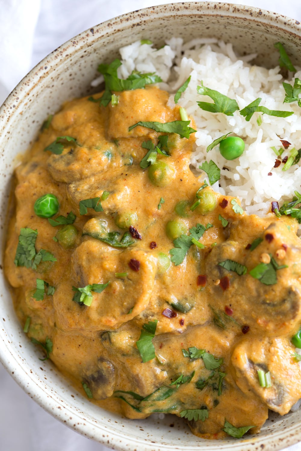 Instant Pot Mushroom Masala. Easy Mushrooms and peas in Creamy Sauce made in an Instant Pot. Add chickpeas for a hearty meal. #Vegan #Gluten-free #Soyfree #Recipe. Can be #nutfree #VeganRicha