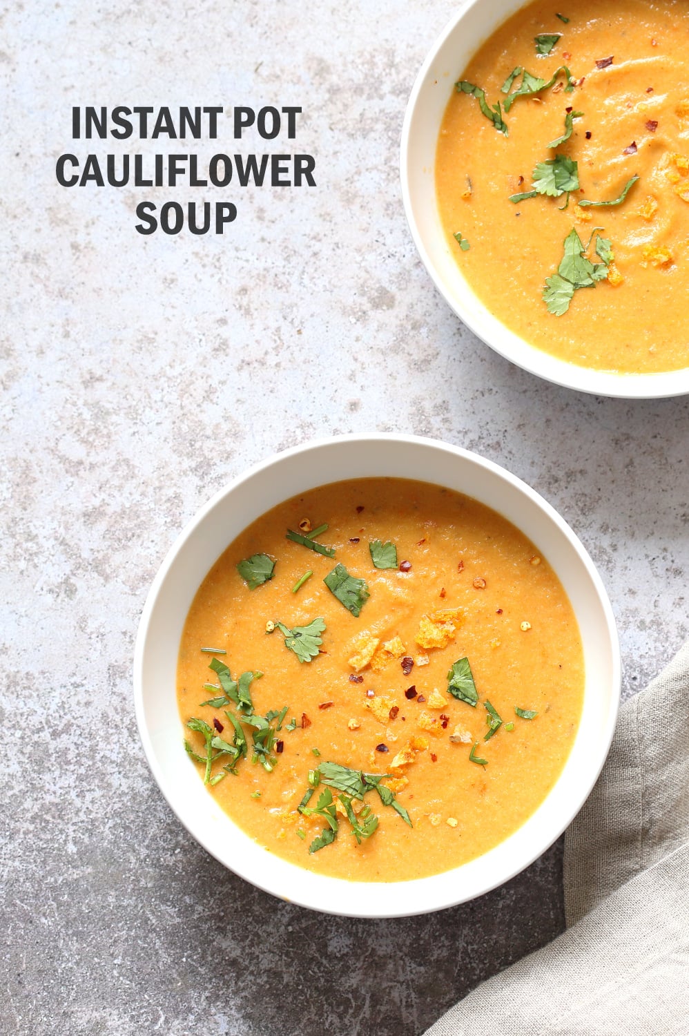 Instant Pot Cauliflower Soup - Smoky Vegan Cauliflower Soup with Red Peppers and Smoked Paprika. Hearty and Delicious. Just 5 mins Prep, no Immersion blending needed. Saucepan Option. #Vegan #Glutenfree #Soyfree #Recipe. Can be #Nutfree #veganricha | VeganRicha.com