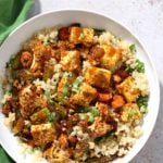 Tofu and Veggie BBQ Bowl. Veggies and Tofu tossed in from scratch barbecue seasoning and baked. Serve over quinoa dressed with bbq sauce. #Vegan #Glutenfree #Nutfree #Recipe #veganricha