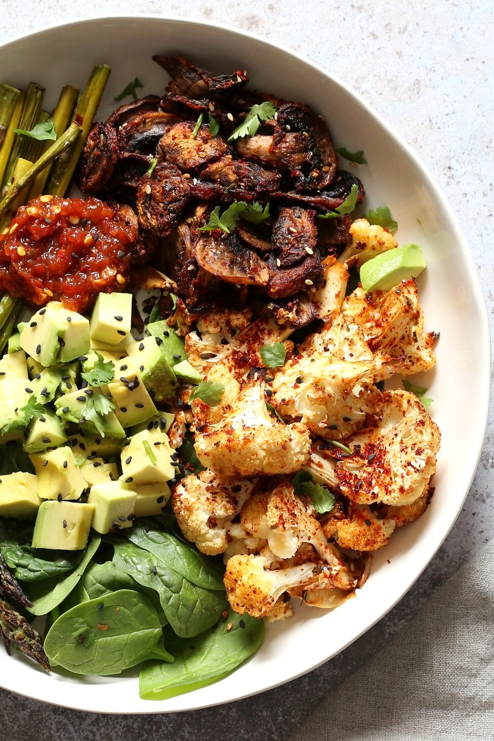 Bulgogi Roasted Spring Veggie Bowl. Spicy, sweet Korean Gochugaru blend roasted Cauliflower Mushroom Asparagus Bowl. #Vegan #Glutenfree #Nutfree #Recipe #VeganRicha | VeganRicha.com