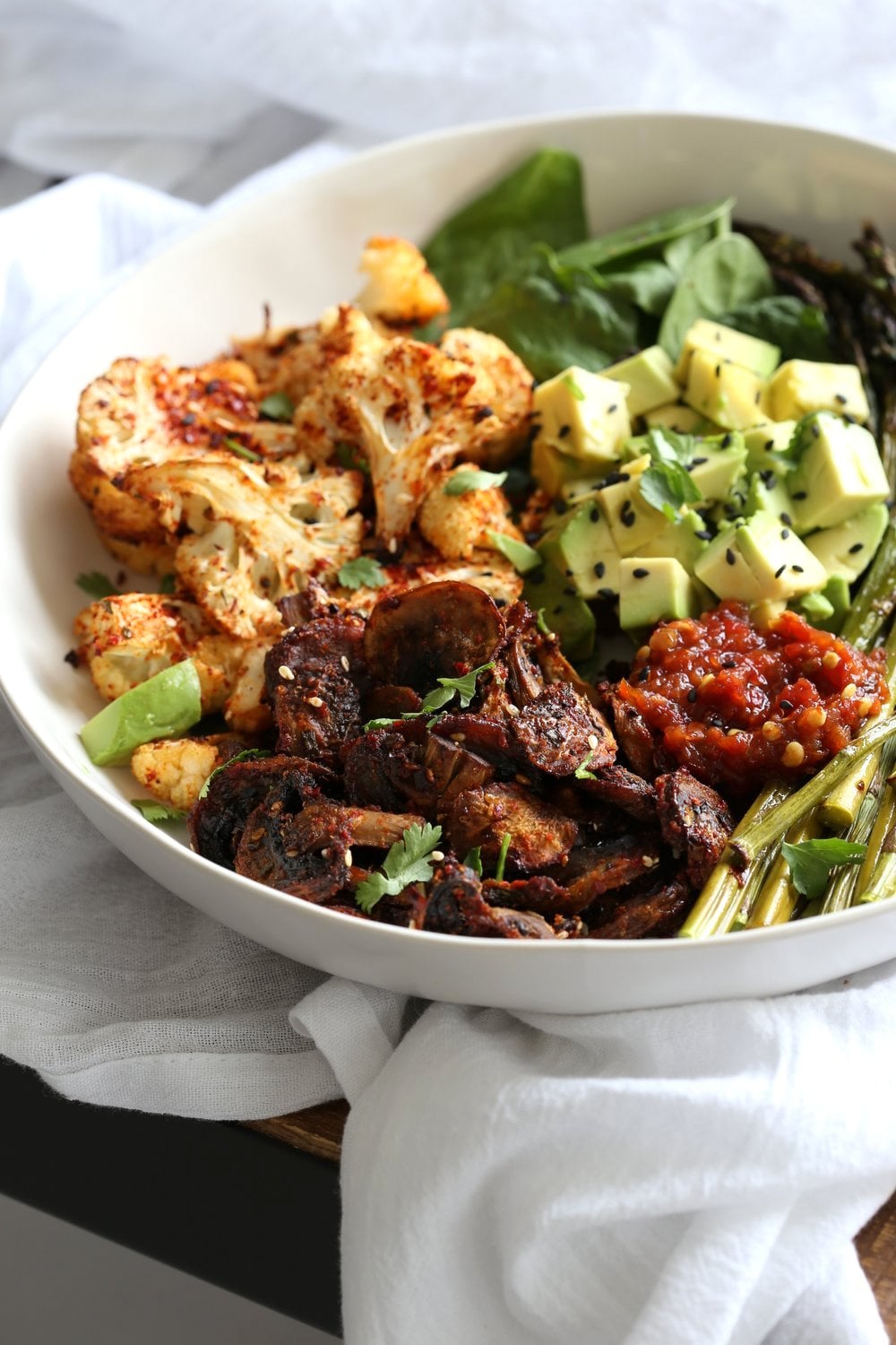 Bulgogi Roasted Spring Veggie Bowl. Spicy, sweet Korean Gochugaru blend roasted Cauliflower Mushroom Asparagus Bowl. #Vegan #Glutenfree #Nutfree #Recipe #VeganRicha | VeganRicha.com