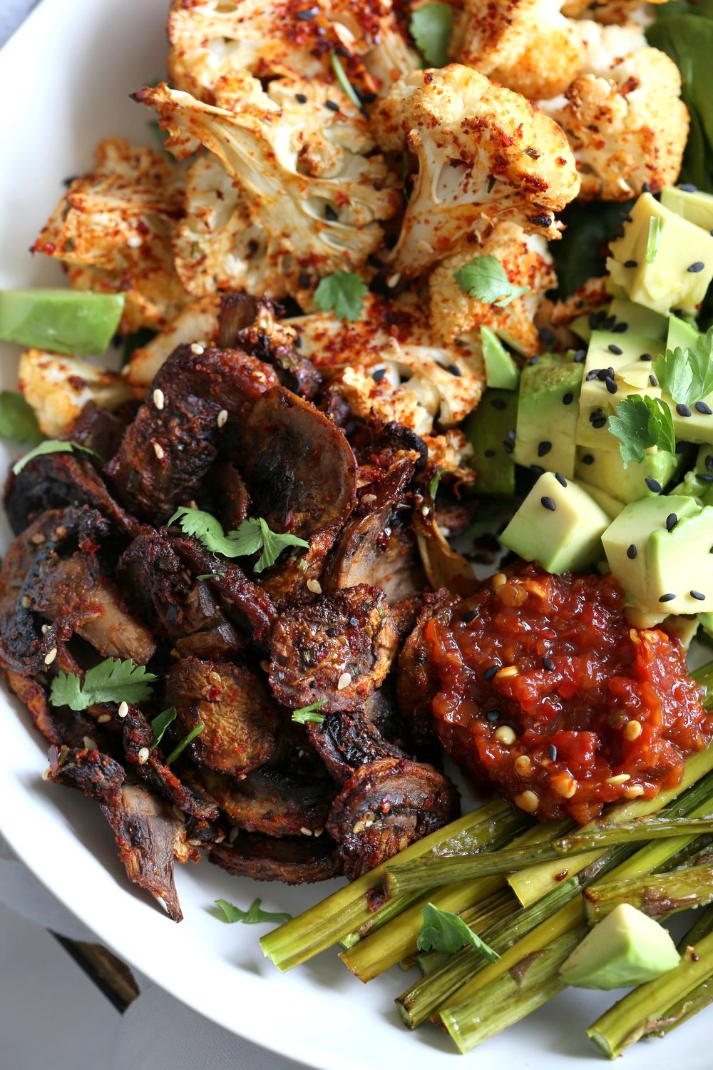 Bulgogi Roasted Spring Veggie Bowl. Spicy, sweet Korean Gochugaru blend roasted Cauliflower Mushroom Asparagus Bowl. #Vegan #Glutenfree #Nutfree #Recipe #VeganRicha | VeganRicha.com