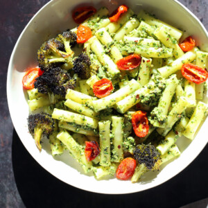 Vegan Pesto Pasta with Charred Broccoli. Easy Vegan Pesto with Ziti, served with roasted cherry tomatoes and broccoli. #Vegan #Soyfree #Recipe #VeganRicha. Can be #glutenfree and #nutfree | VeganRicha.com