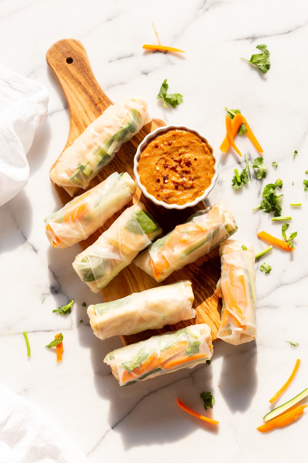 Easy Vegan Fresh Spring Rolls with Peanut Sauce. Rice paper Fresh Rolls with Marinated Tofu and Quick Peanut Dipping Sauce. #Vegan #VeganRicha #VeganSpringrolls #VeganSummerrolls Glutenfree #Recipe Can be Nutfree with Sunbutter or Sweet Chili sauce.