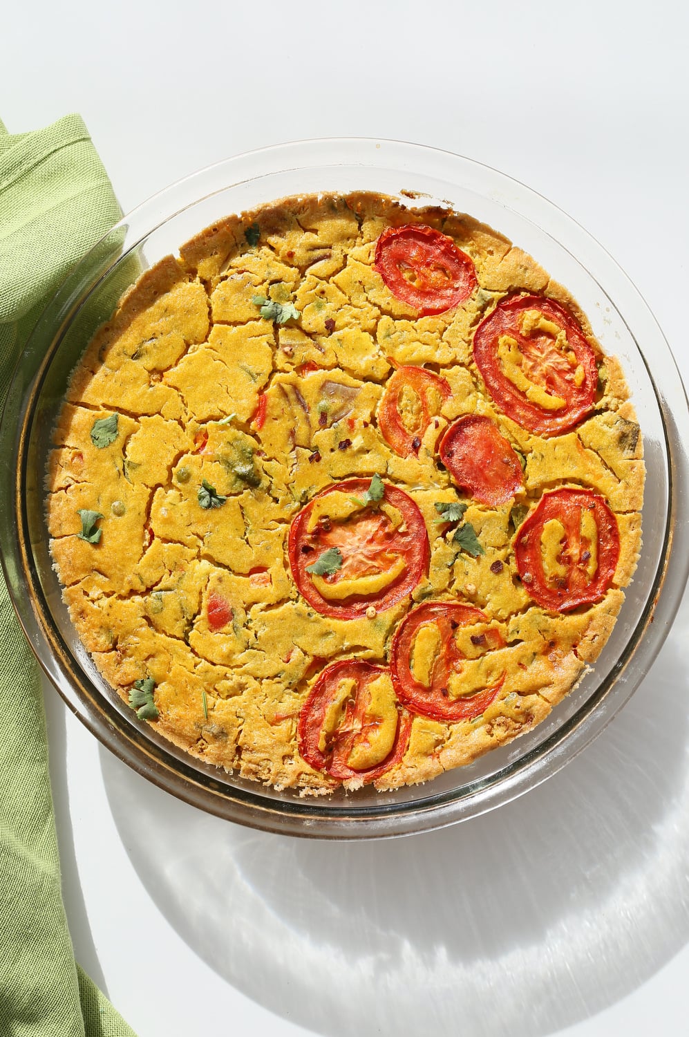Chickpea Flour Frittata - Eggless Vegan Frittata Recipe. This Chickpea flour frittata is filling, easy and delicious. Use the batter to make pancakes, crepes, crustless quiche. #Vegan #Glutenfree #Soyfree #Nutfree #Recipe #veganricha