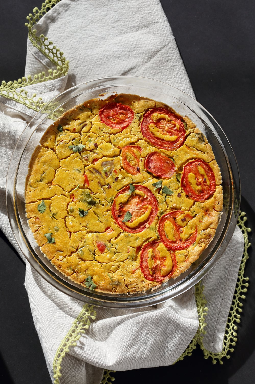 Chickpea Flour Frittata - Eggless Vegan Frittata Recipe. This Chickpea flour frittata is filling, easy and delicious. Use the batter to make pancakes, crepes, crustless quiche. #Vegan #Glutenfree #Soyfree #Nutfree #Recipe #veganricha
