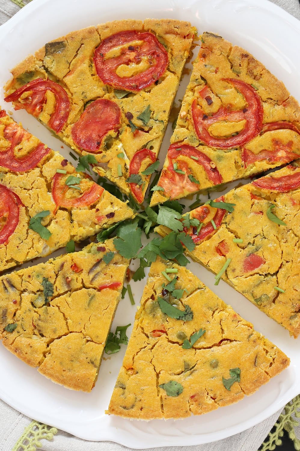 Chickpea Flour Frittata - Eggless Vegan Frittata Recipe. This Chickpea flour frittata is filling, easy and delicious. Use the batter to make pancakes, crepes, crustless quiche. #Vegan #Glutenfree #Soyfree #Nutfree #Recipe #veganricha