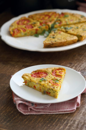 Chickpea Flour Frittata - Eggless Vegan Frittata Recipe. This Chickpea flour frittata is filling, easy and delicious. Use the batter to make pancakes, crepes, crustless quiche. #Vegan #Glutenfree #Soyfree #Nutfree #Recipe #veganricha