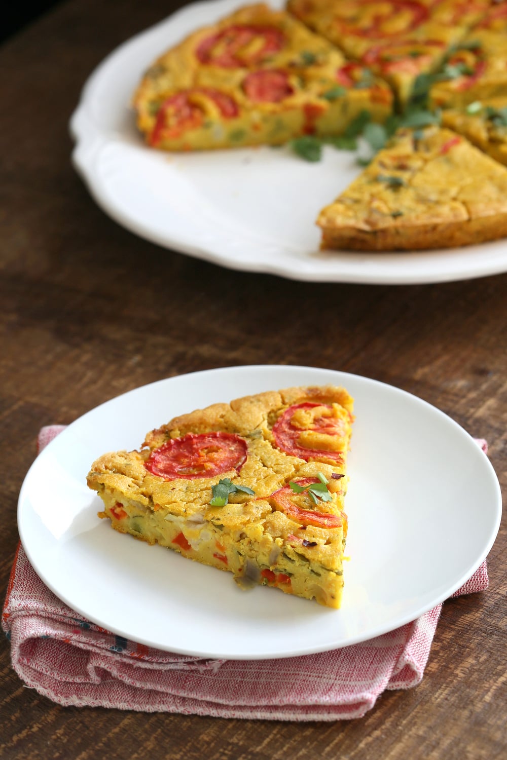 Chickpea Flour Frittata - Eggless Vegan Frittata Recipe. This Chickpea flour frittata is filling, easy and delicious. Use the batter to make pancakes, crepes, crustless quiche. #Vegan #Glutenfree #Soyfree #Nutfree #Recipe #veganricha