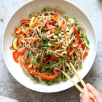 Cold Soba Noodle Salad Recipe. Noodle Salad Bowl with Peppers, Carrots, Zucchini, Green Onion and Sesame Lime Ginger Dressing. Refreshing Summer Salad. #Vegan #Nutfree. #Glutenfree Option, #SoyfreeOption #veganricha #recipe
