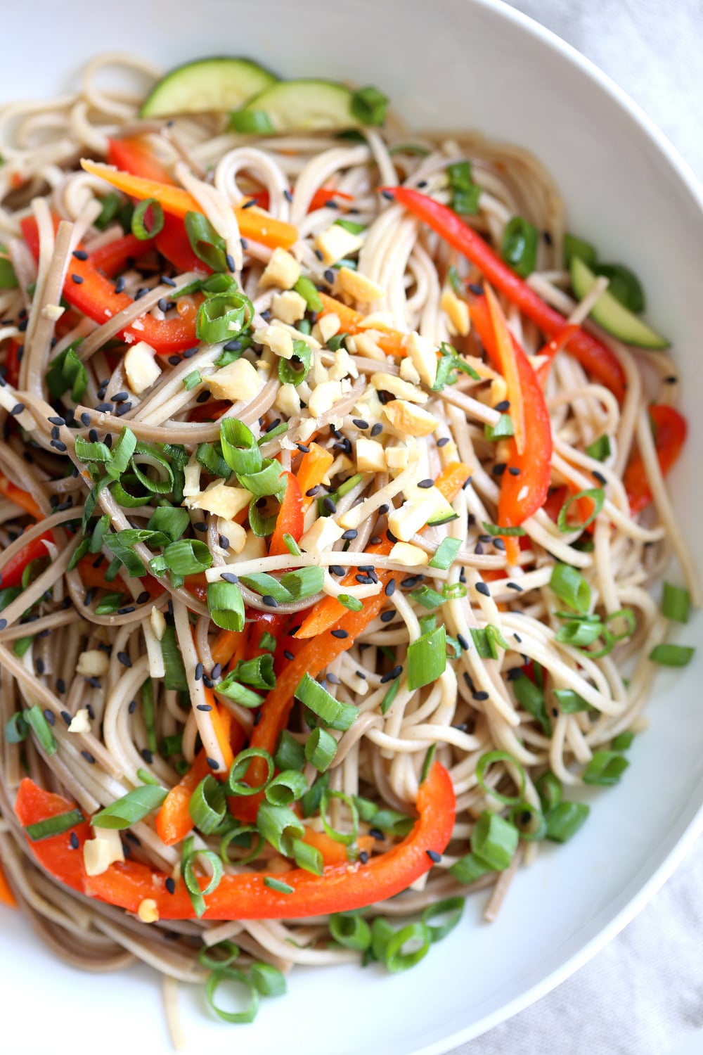 Cold Soba Noodle Salad Recipe. Noodle Salad Bowl with Peppers, Carrots, Zucchini, Green Onion and Sesame Lime Ginger Dressing. Refreshing Summer Salad. #Vegan #Nutfree. #Glutenfree Option, #SoyfreeOption #veganricha #recipe