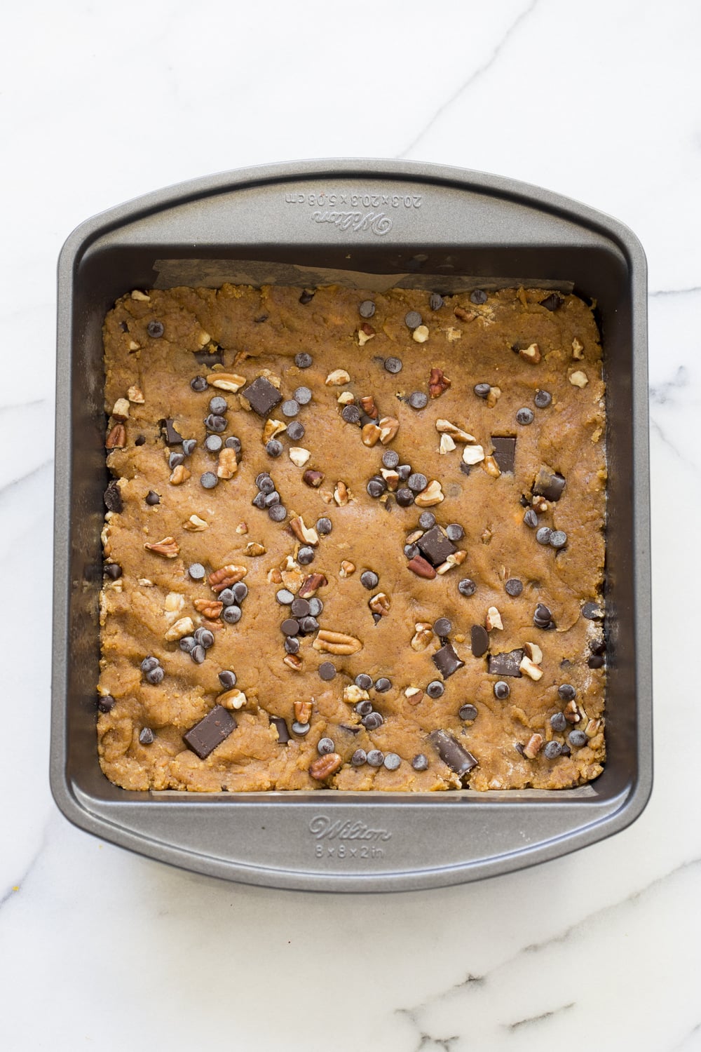 Vegan Pumpkin Blondies! Easy Nut Butter Pumpkin Blondies with Pecans and chocolate chips. No Added oil. #veganricha #vegan #Nutfree #Glutenfree option