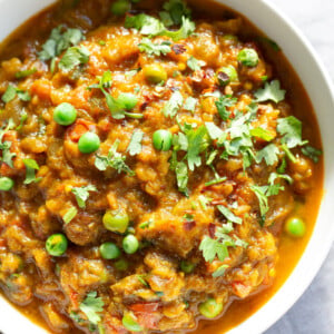 Instant Pot Baingan Bharta Recipe - Spiced Mashed Eggplant. Serve as dip with flatbread or with curries or Dals. #Vegan #Glutenfree #Nutfree #Soyfree #Recipe #VeganRicha