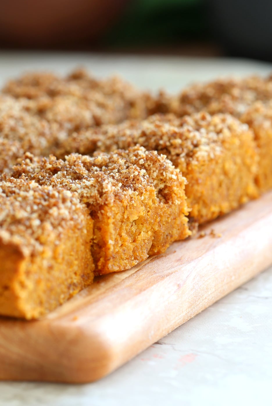 These Vegan Gluten-free Pumpkin Bars are grain-free, fudgy and so Delicious! Cinnamon streusel on top makes them decadent and festive. No added Oil, can be refined sugar free. #Vegan #Glutenfree #Soyfree #Paleo #Grainfree #Recipe #VeganRicha