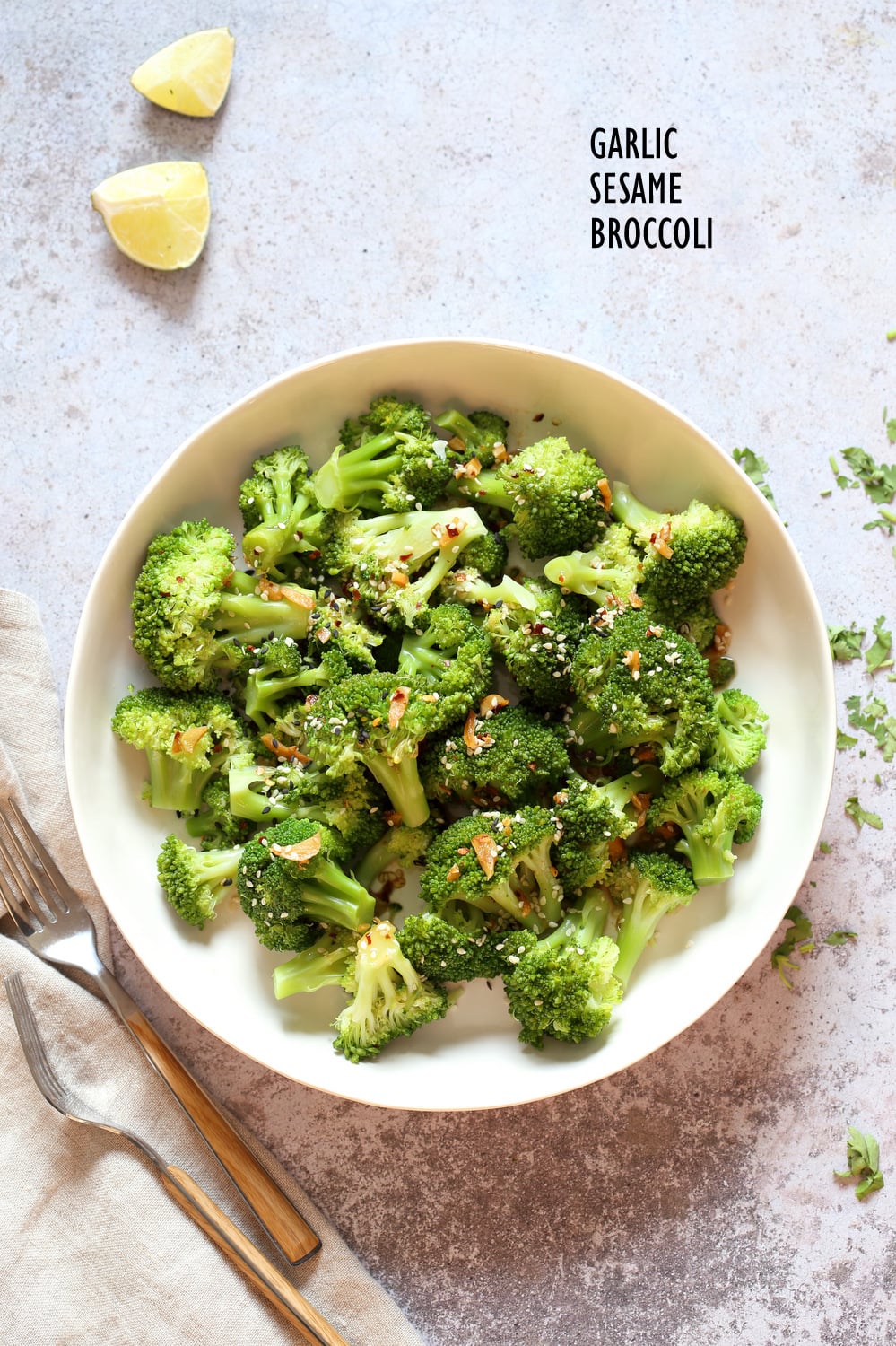 Sesame Garlic Broccoli needs just 6 ingredients. It is vibrant with blanched broccoli and delicious with a simple dressing of garlic roasted with sesame oil. A perfect side. #Vegan #glutenfree #soyfreeoption #nutfree #veganricha #recipeĀ