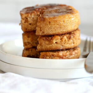 These Vegan Cinnamon Streusel Pancakes are a perfect treat for Valentines or a special day. A delicious fluffy vanilla pancake topped with a cinnamon streusel for a coffee cake like pancake. Make the pancakes in cookie cutters to make a cake like pancake tower! #Vegan #Pancakes #Soyfree #Nutfree #Recipe #VeganRicha