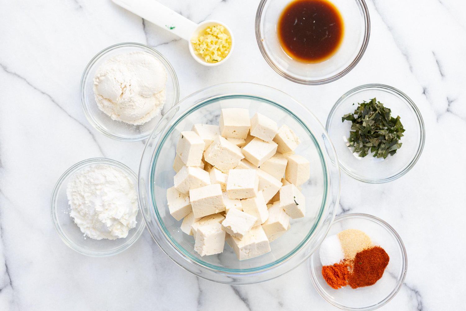 Ingredients for Our Tofu 65 in bowls