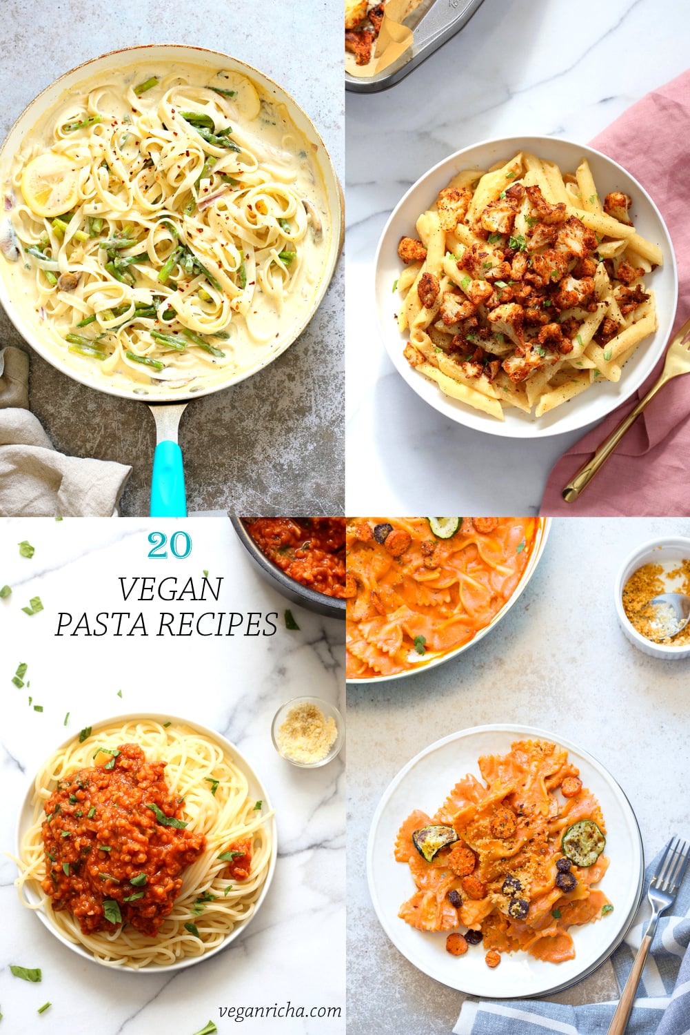 20 Vegan Pasta Recipes! Fettuccine, Spaghetti, Farfalle, Ziti with Sauces like Bolognese, Alfredo, Lemon Cream, rose sauce, pesto and more. Gluten-free, soy-free Nut-free Options #VeganRicha #VeganPasta #veganPastaRecipes #veganpastadinners