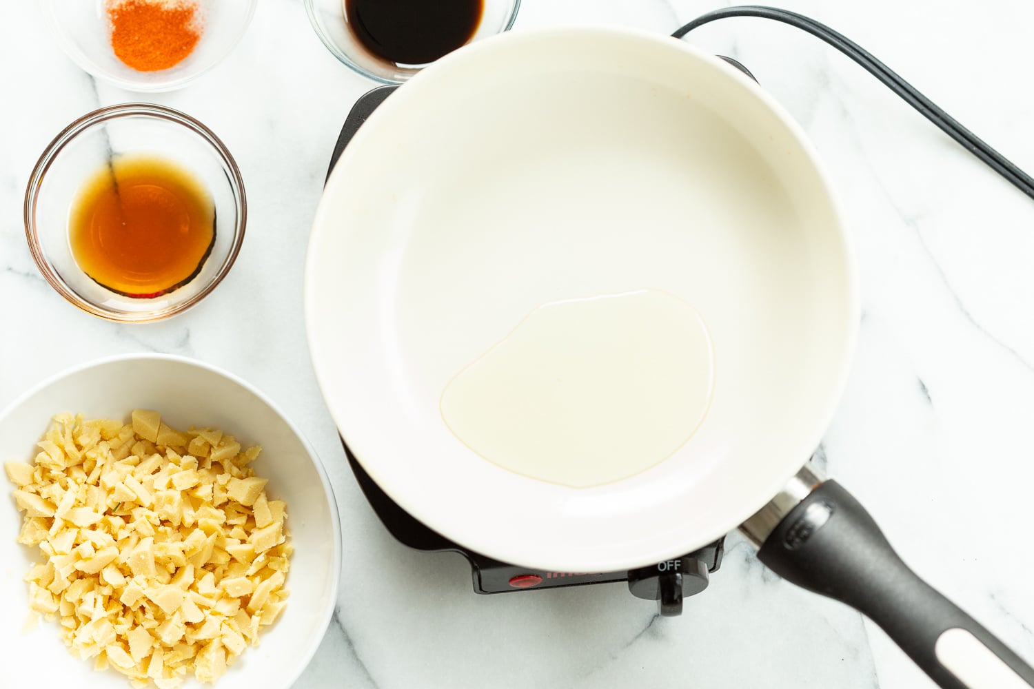 Ingredients for Smoky Balsamic Chickpea Tofu Bits in bowls