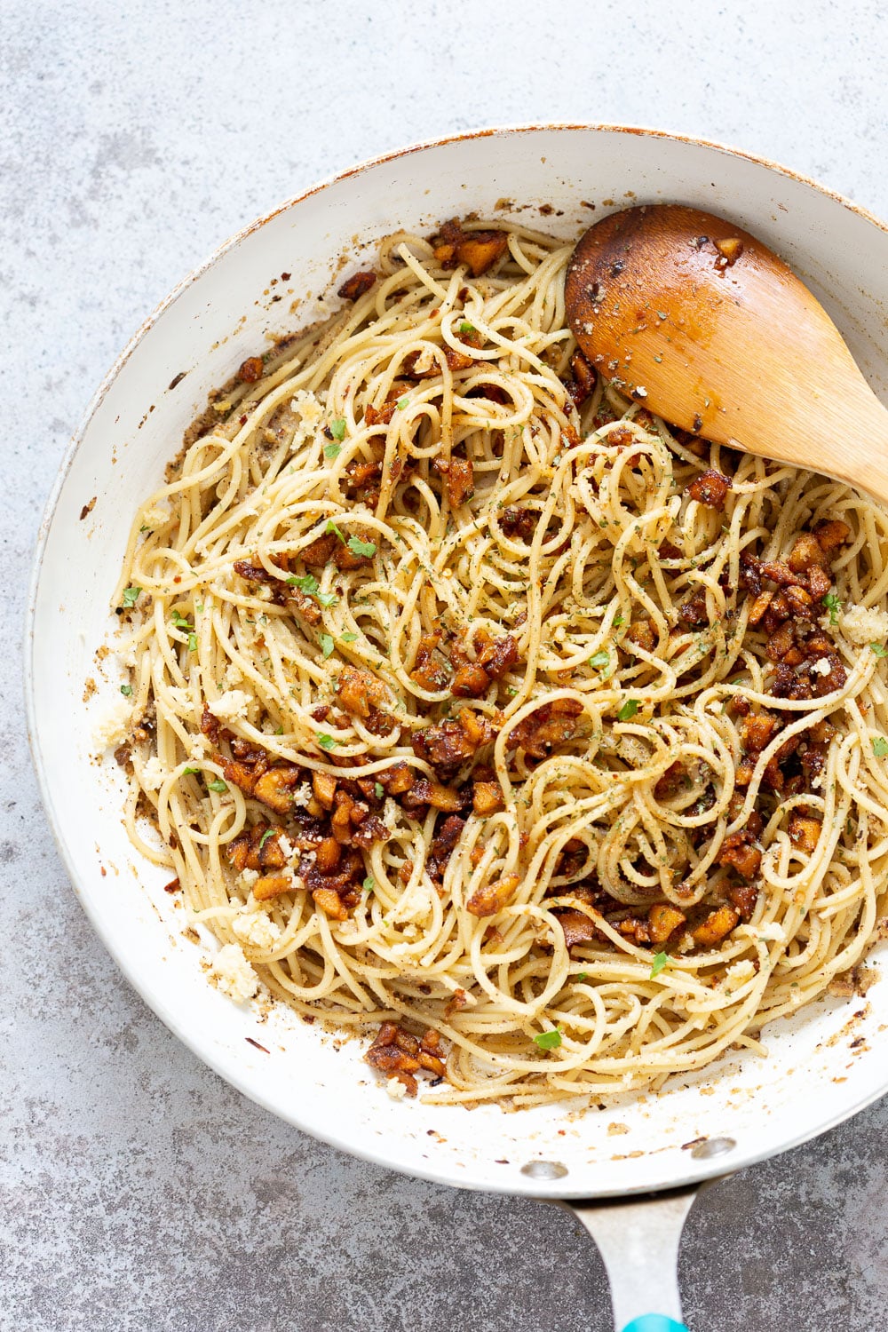 Our Vegan Cacio e Pepe with Smoky Chickpea Tofu Bits in a while skillet