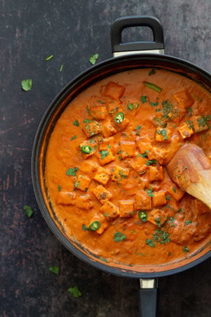 Vegan Paneer Lababdar with Tofu. Tofu with Luscious Tomato Cashew Ginger Sauce. Use this Delicious Indian Sauce with other proteins, chickpeas, veggies, chickpea tofu, tempeh, seitain. #VeganRicha #Paneerlababdar #Vegan #Glutenfree #Recipe Nutfree Soyfree options