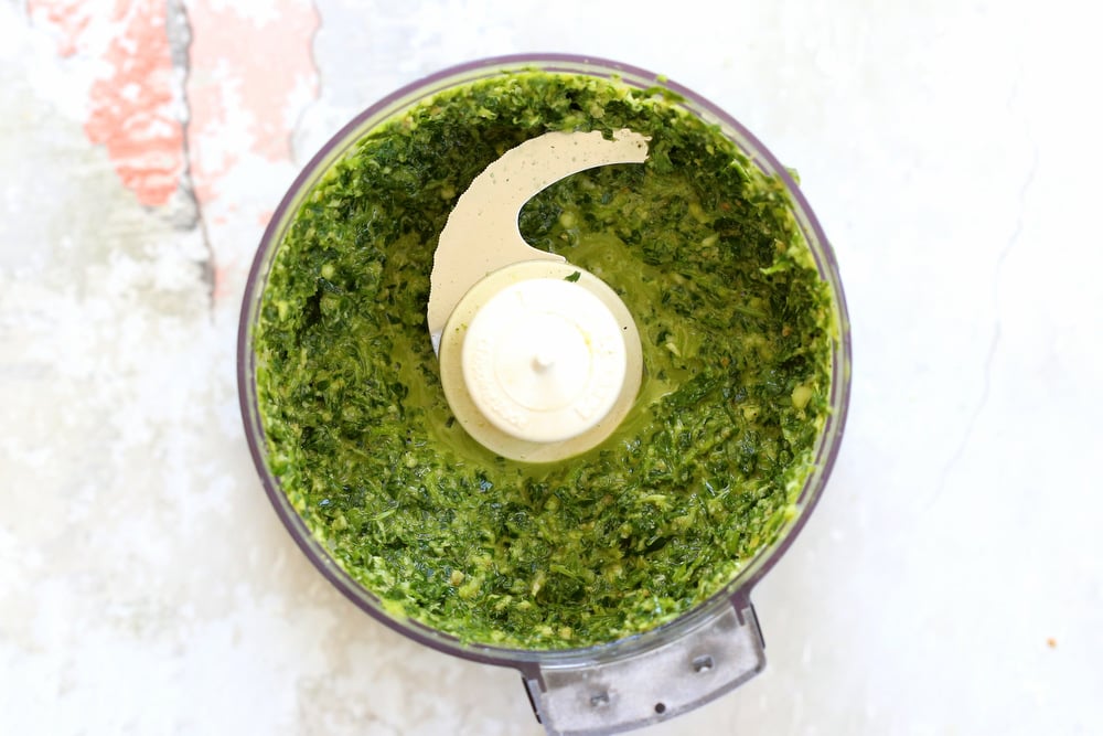 Chimichurri Sauce in a processor for our Vegan Smashed Potatoes