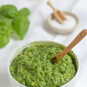 Vegan Pesto in a white bowl