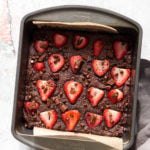 Our Vegan Glutenfree Grainfree Strawberry Brownies in a grey brownie pan