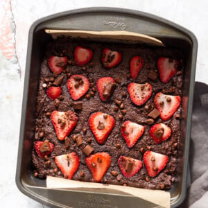 Our Vegan Glutenfree Grainfree Strawberry Brownies in a grey brownie pan
