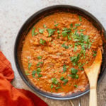 Vegan Keema Madras on a black skillet