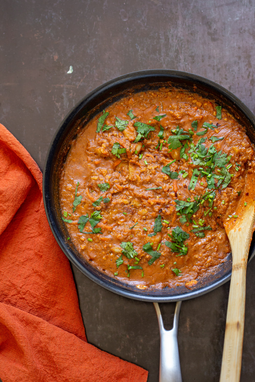 Vegan Keema Madras on a black skillet