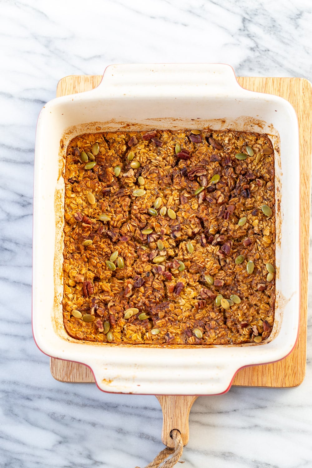Our Vegan Pumpkin Baked Oatmeal in a Baking dish