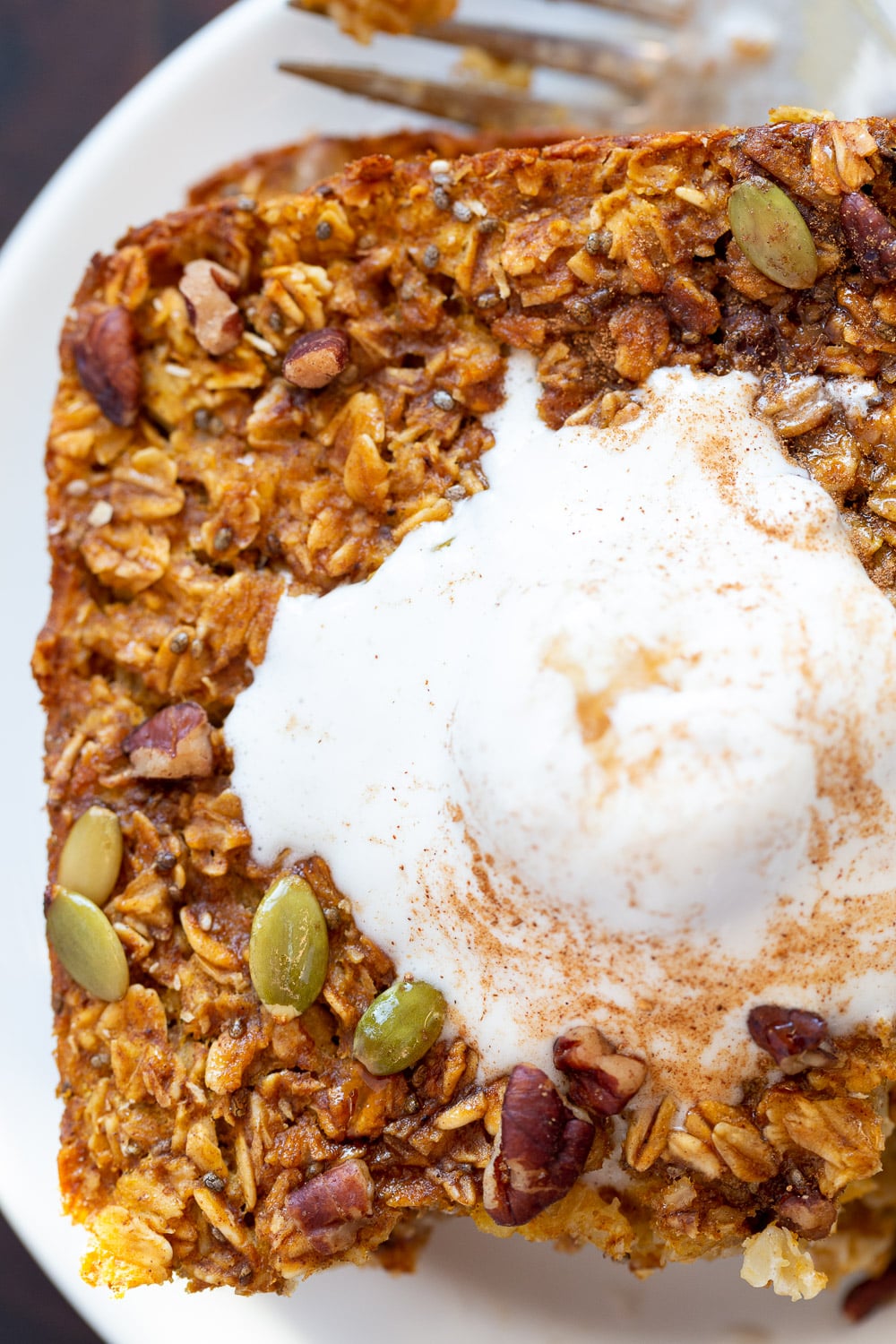 Our Vegan Pumpkin Baked Oatmeal on white plate