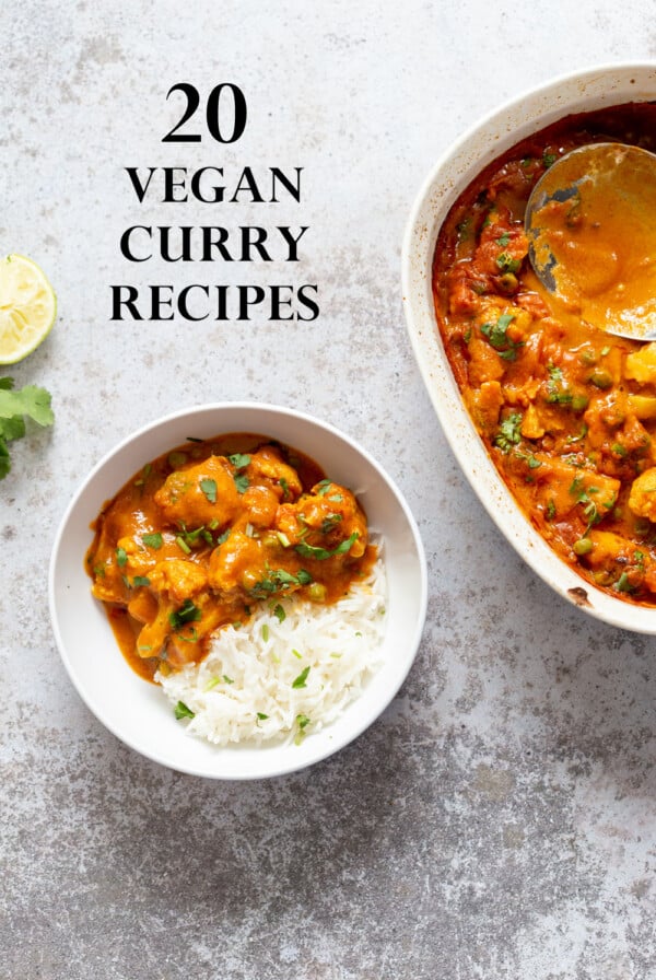 Cauliflower Curry in Bowl and white baking dish
