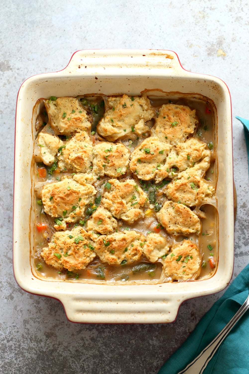 Our Vegan Pot Pie in an off- white baking dish