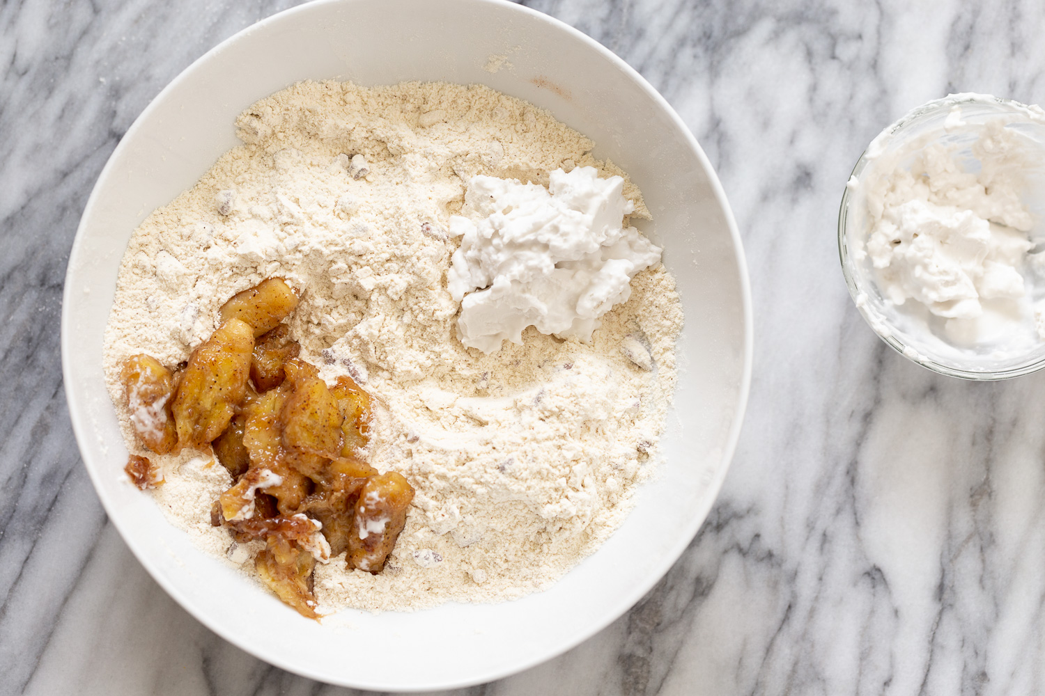 banana scones ingredients for vegan banana scones in a white bowl