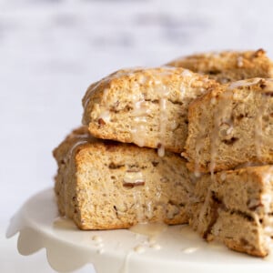 vegan banana scones on a cake stand