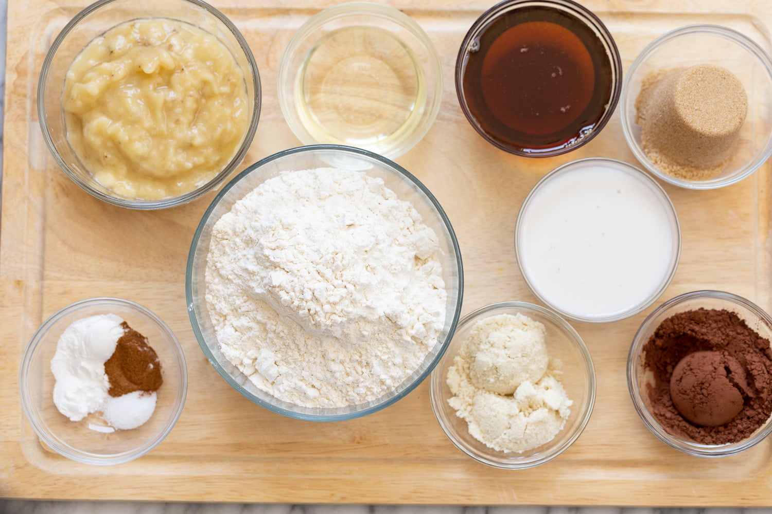 chocolate banana bread overhead shot of ingredients used for making vegan chocolate banana bread