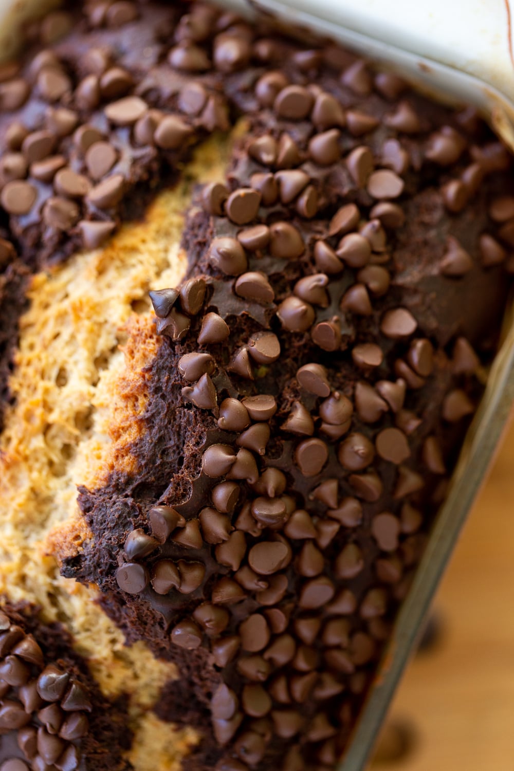 chocolate banana bread close-up overhead shot of a loaf of vegan chocolate banana bread