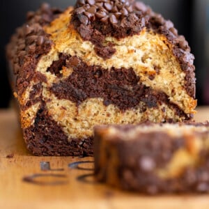 a sliced loaf of vegan marbled chocolate banana bread