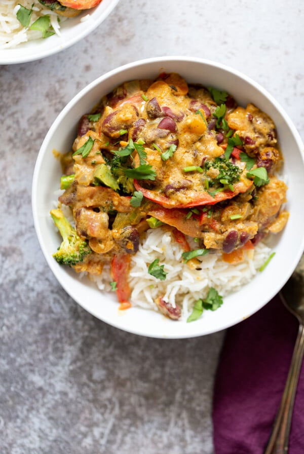 overhead shot of a bowl of West African Peanut Stew with Kidney Beans