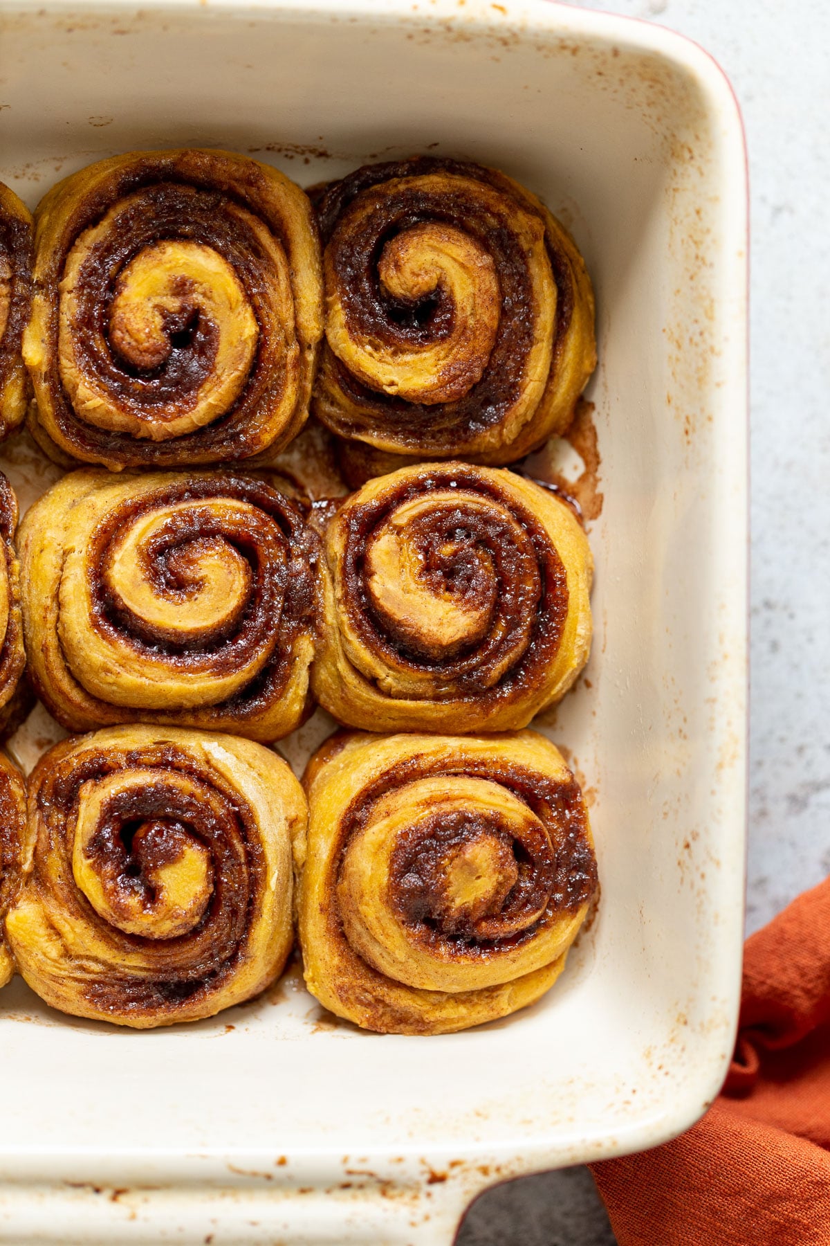 no yeast cinnamon rolls overhead shot of sweet potato no yeast cinnamon rolls in a casserole dish