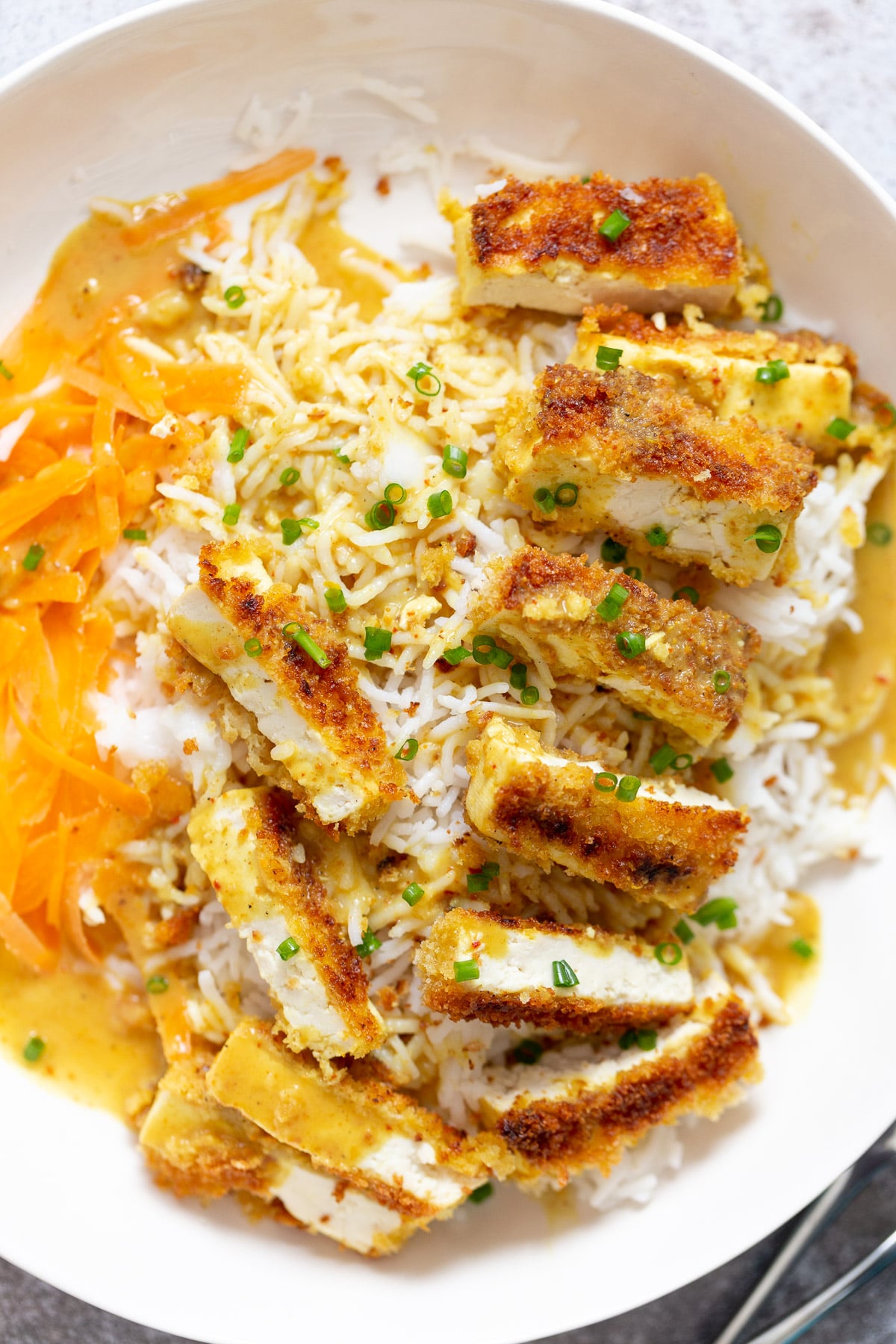katsu curry close-up overhead shot of vegan tofu katsu curry