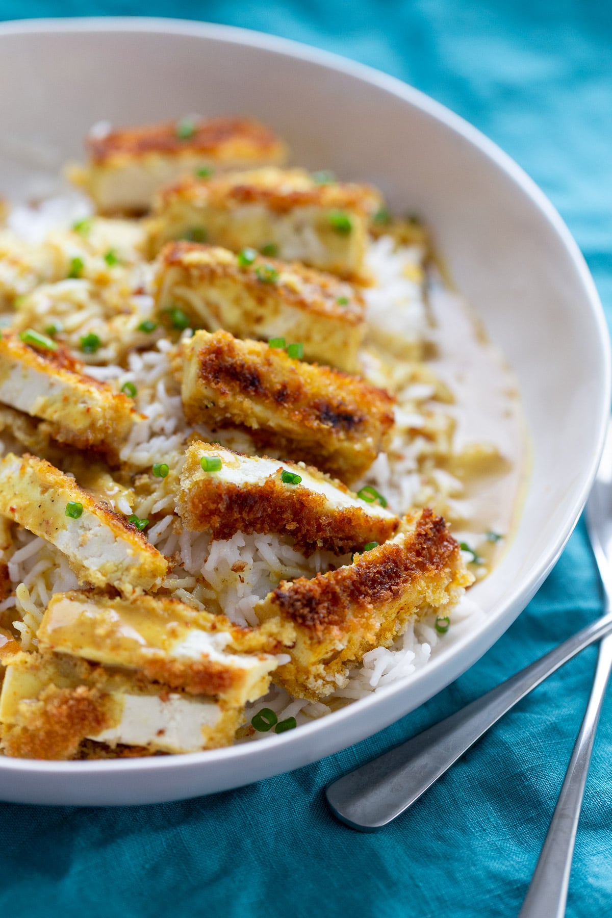 katsu curry side view of a bowl of vegan tofu katsu curry served on rice