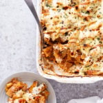 vegan baked rigatoni in a white casserole