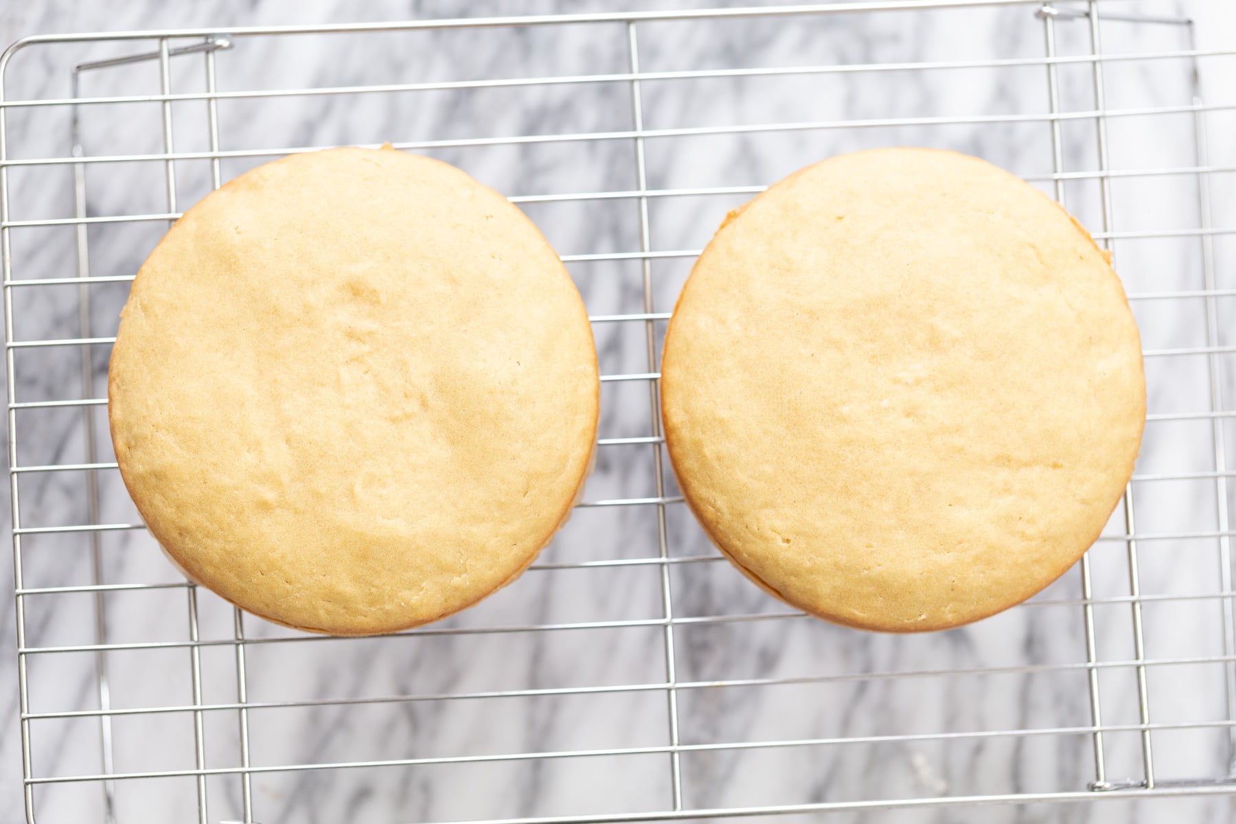 vegan white cake two vegan white cakes cooling next to each other on a cooling rack