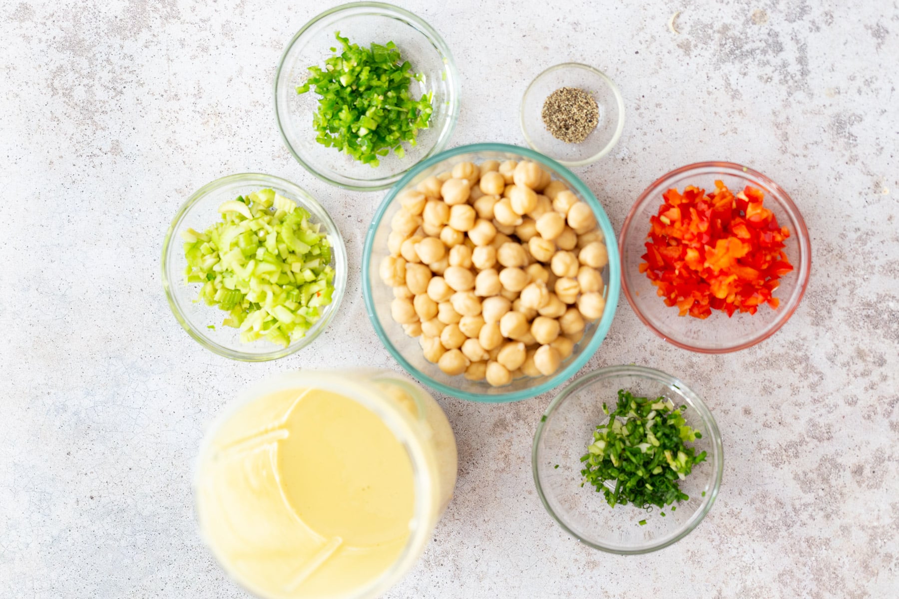 chickpea salad sandwich overhead shot of ingredients needed for making vegan chickpea salad