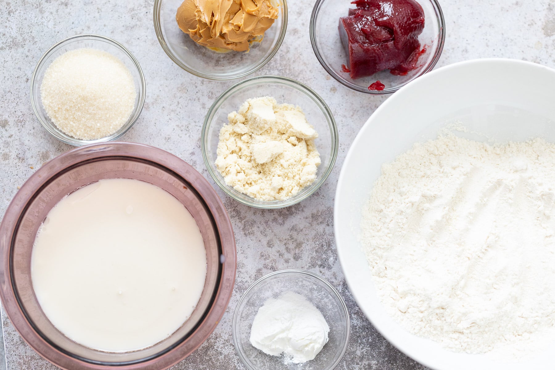 peanut butter and jelly cake overhead shot of ingredients for peanut butter and jelly cake