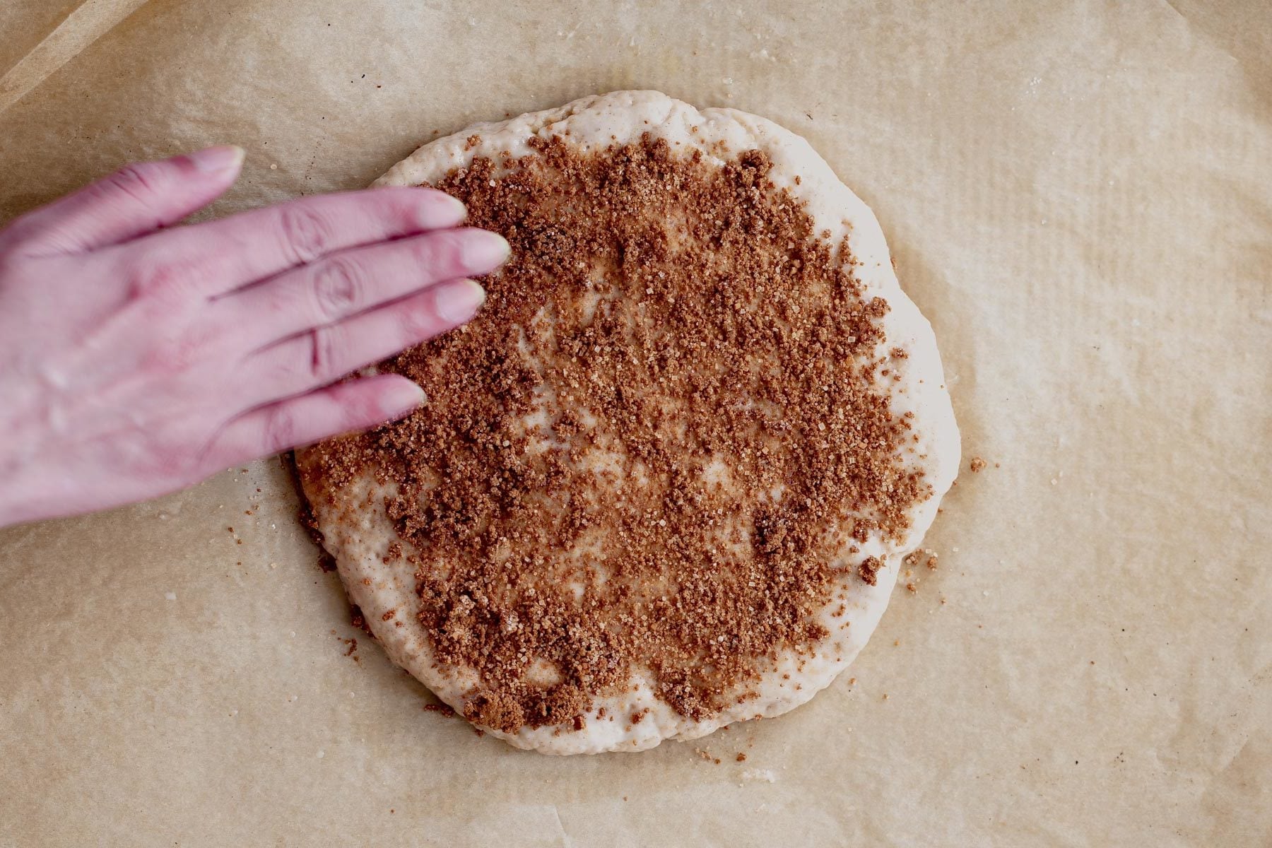 vegan biscotti cinnamon sugar being sprinkled on biscotti dough to make churro biscotti